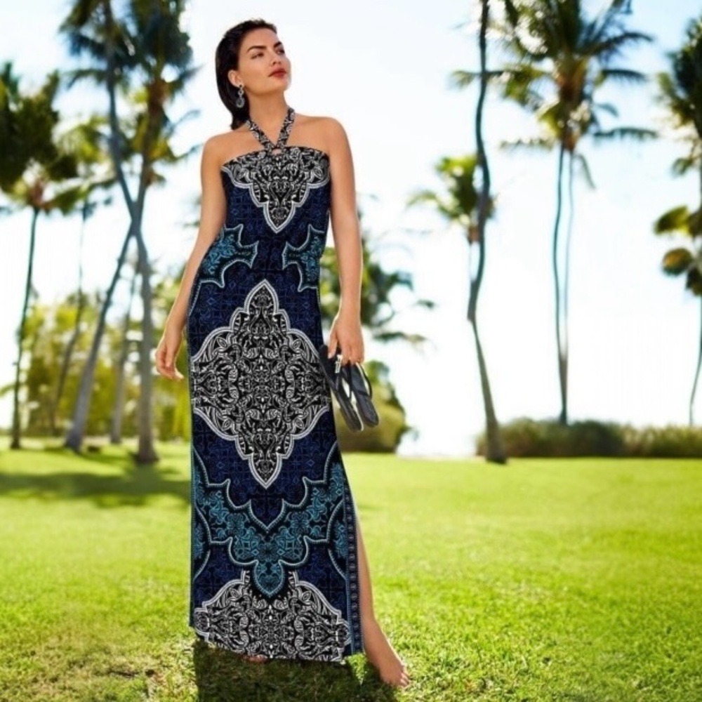 WHBM halter tie black/blue maxi boho dress